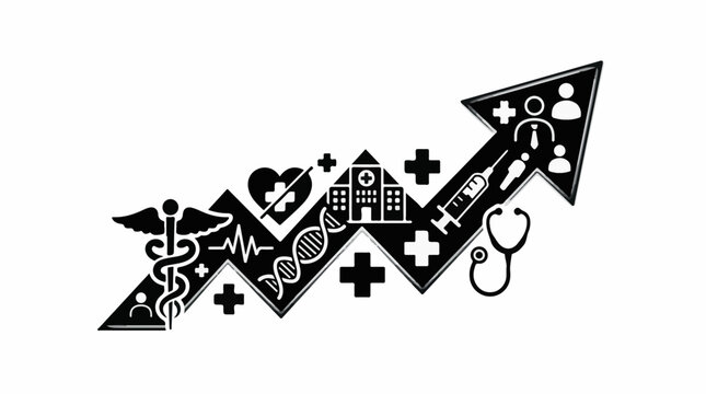 Black arrow filled with health symbols pointing upward