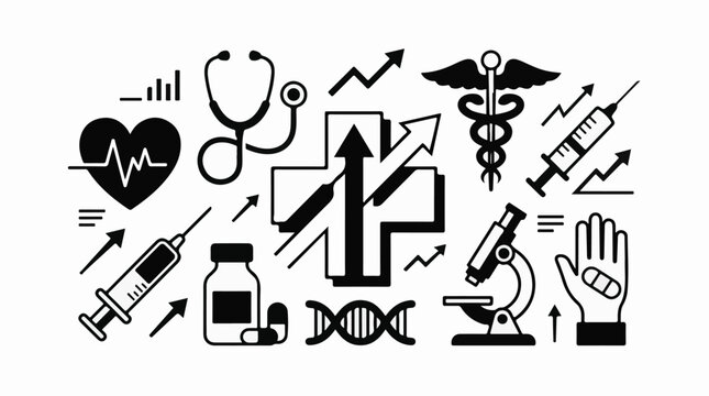 Collection of black and white medical and scientific icons with upward trending arrows