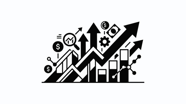 Stylized financial growth charts with arrows currency and gears