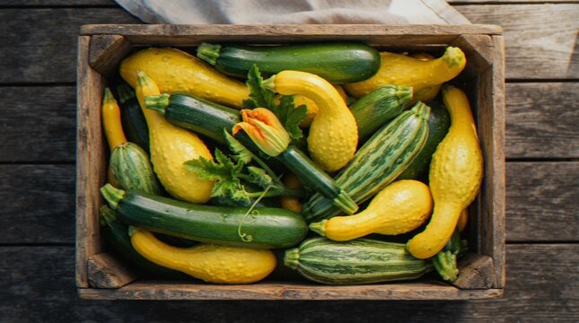 A high-angle view of a wooden crate filled with a vibrant harvest of fresh, colorful yellow and green summer squash and zucchini on a rustic wooden table.
