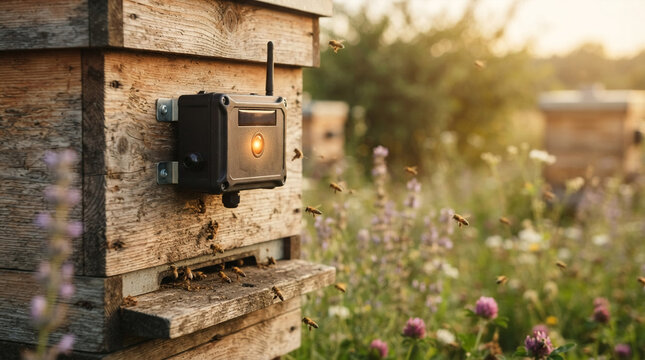 Smart beehive monitor attached to wooden hive with bees flying in field