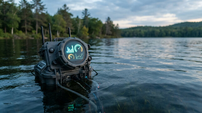 Futuristic sensor device with data display submerged in a lake