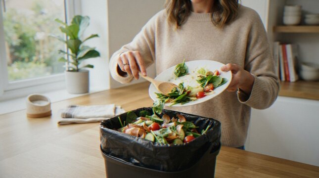 A person scraping leftover salad from a plate into a kitchen compost bin.