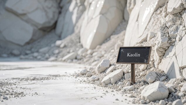 Small black sign word kaolin written white capital letters attached wooden pole placed rocky ground background