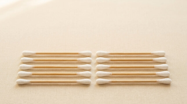 Cotton swabs with bamboo handles neatly arranged on textured fabric