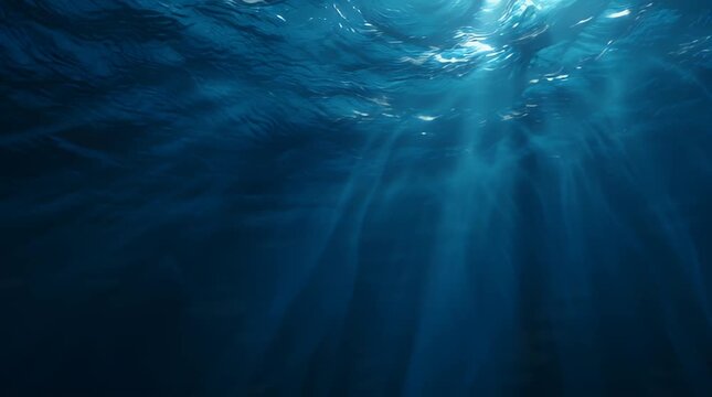 A serene underwater view looking up toward the surface as rays of sunlight penetrate the deep blue water creating a peaceful and ethereal atmosphere.
