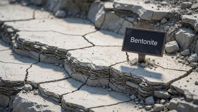 Close-up cracked ground small black sign reads bentonite white letters placed metal stand surrounded rocks peb