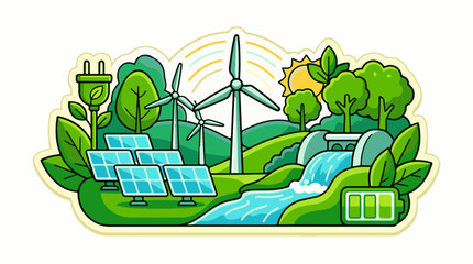Obraz premium Eco-friendly landscape with solar panels wind turbines and waterfall