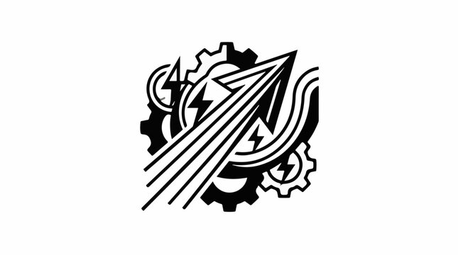 Abstract emblem with gear lightning and upward arrow