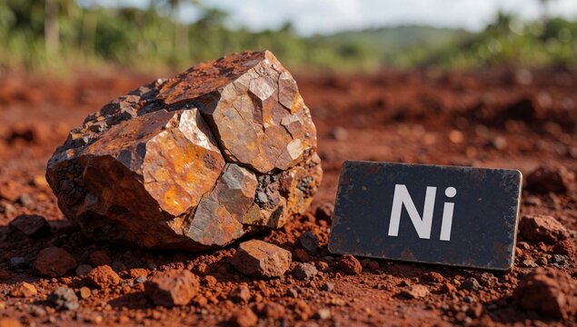 Large rock orange brown speckles surface placed bed red soil small rocks scattered right side there black rect