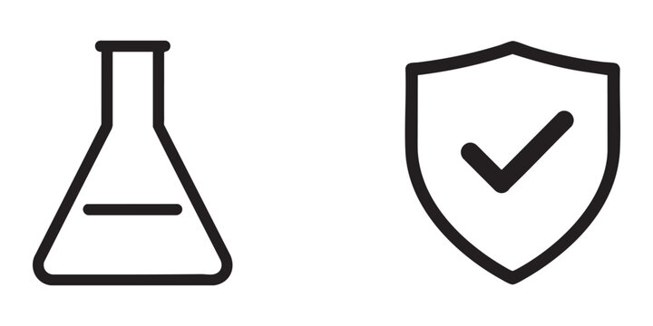 Erlenmeyer flask and shield with check mark icons on transparent background for design.