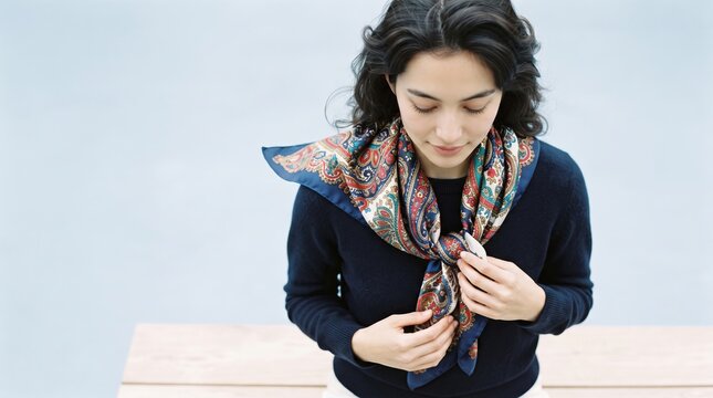 Woman wearing silk scarf accessory and adjusting it indoors  