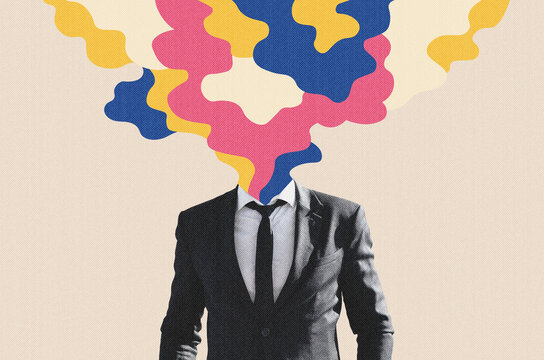 Unrecognizable Man In Suit With Colorful Abstract Smoke Instead Of Head, Standing In Artistic Representation Of Modern Concept At Studio, Exploring Abstract Ideas And Creativity.
