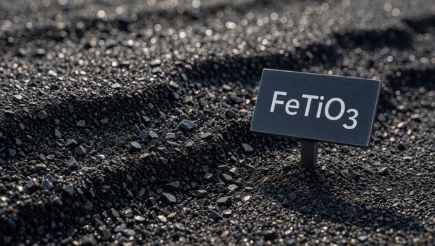 Small black sign text fetio3 written placed bed pebbles background blurred appears gravel surface white capita