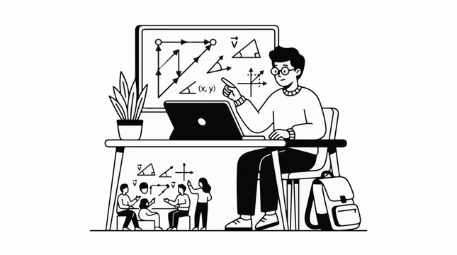 Teacher guiding students through complex geometry concepts on a laptop and board