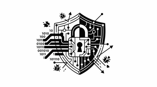 Digital shield with lock and binary code attacked by bugs