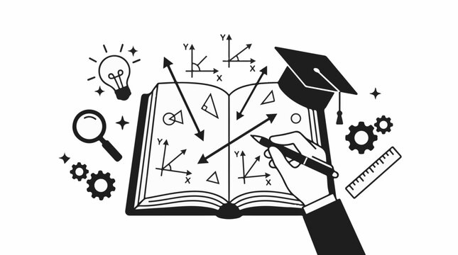 Open book with educational icons graduation cap light bulb magnifying glass gears ruler