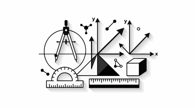 Geometric shapes axes compass protractor ruler and cube