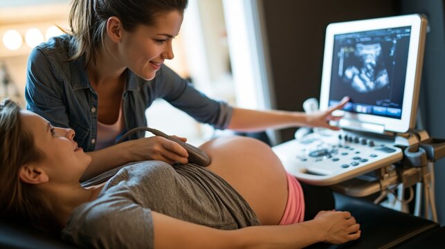 Pregnant woman and sonographer both looking at a fetal image on an ultrasound monitor during a prenatal scan. Concept of prenatal ultrasound examination.