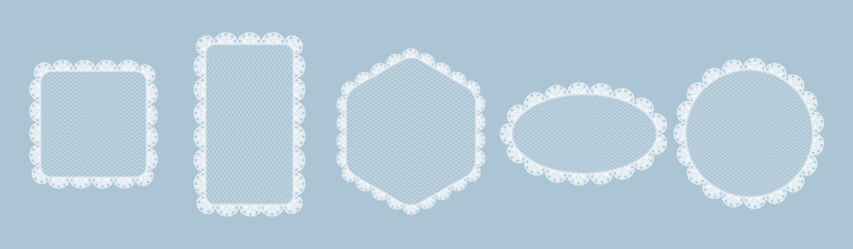 Vintage lace borders and ornate frames in square, oval, and round shapes. Elegant doily patterns with floral embroidery details. Ideal for romantic greeting cards and invitations.