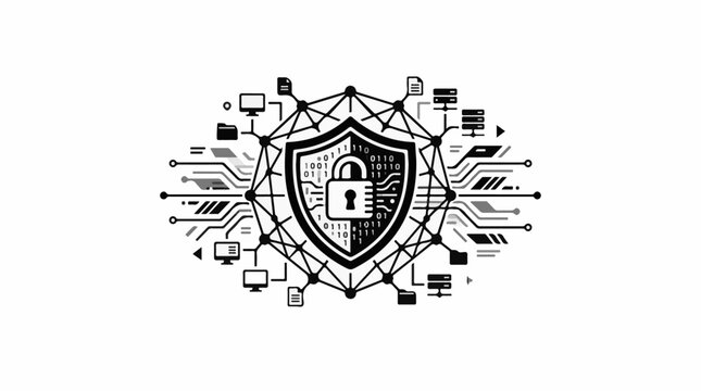 Abstract digital shield with lock and binary code network connections