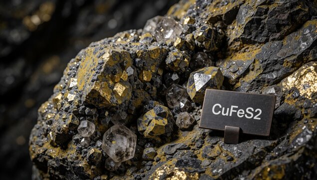 Close-up cluster small irregularly shaped crystals rocky surface different sizes colors including black gold s