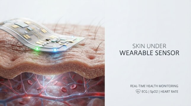 Skin with wearable sensor patch showing subdermal electrodes for real time health monitoring ecg spo2 and heart rate display for medical branding