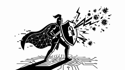 Obraz premium Knight defends against digital threats with shield and network cape