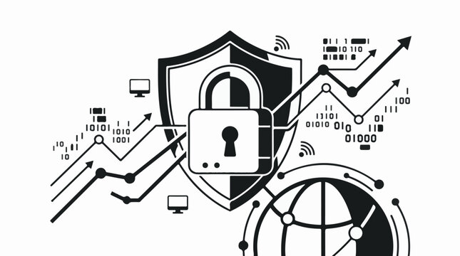 Cybersecurity icon with lock shield globe binary code and growth charts