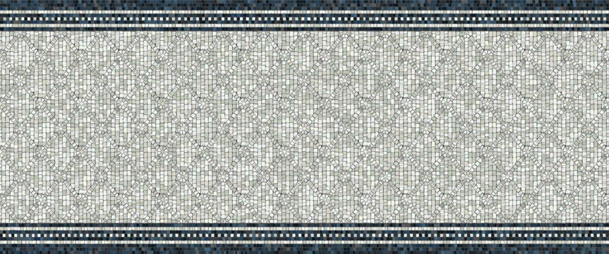 Ancient roman mosaic seamless pattern vector. Antique greek geometric diamond lattice background with blue border for Mediterranean design.