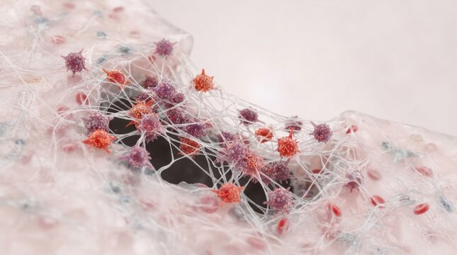 Microscopic depiction of damaged blood vessel with fibrin mesh and viral particles for medical research background and educational banner