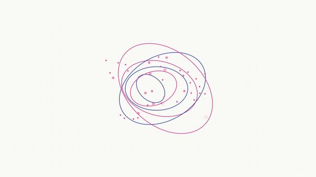 Abstract minimalist motion with rotating pink and blue ellipses and floating particles on animation 4k white background