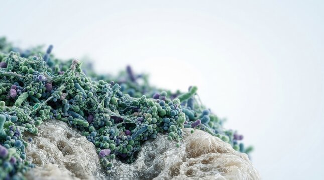 Closeup microscopic view of bacterial biofilm on tissue surface for medical research background and microbiology study visualization