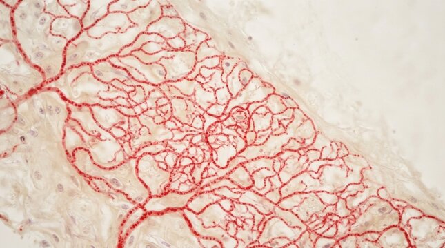 Closeup red vascular capillary network in soft tissue stained slide showing branching vessels for medical background and educational poster design