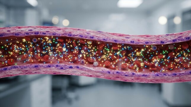 Microscopic blood vessel cross section with red cells and nanoparticles for medical background and scientific poster and educational vascular research illustration