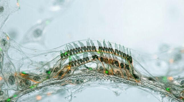 Transparent microscopic marine rotifer with cilia and visible internal organs for scientific microscope background and biology research visuals