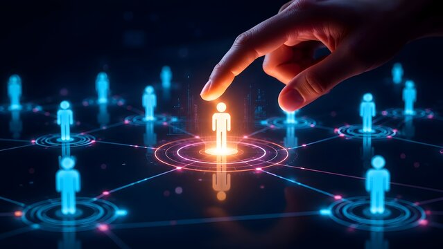 Giant hand pointing at glowing orange digital candidate in futuristic blue social network connections