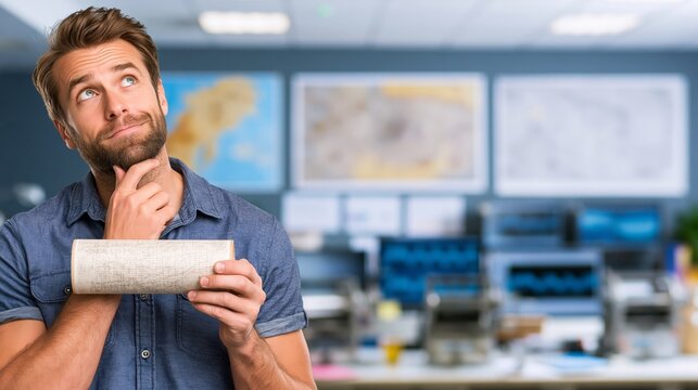 Seismologist holding a seismograph drum with trace lines in a monitoring station while thinking. Concept of quiz, consultation and trivia about seismology.