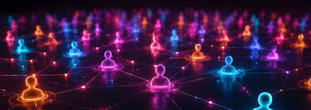 Vibrant neon digital social network community with glowing human figures connected by communication lines