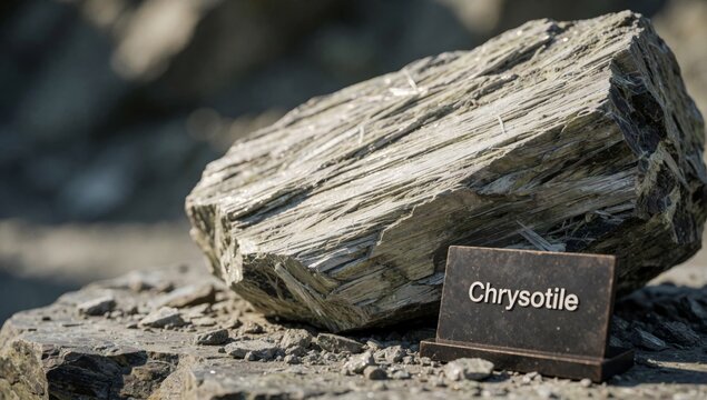 Large rock word chrysotile written black capital letters appears weathered has rough texture resting bed small