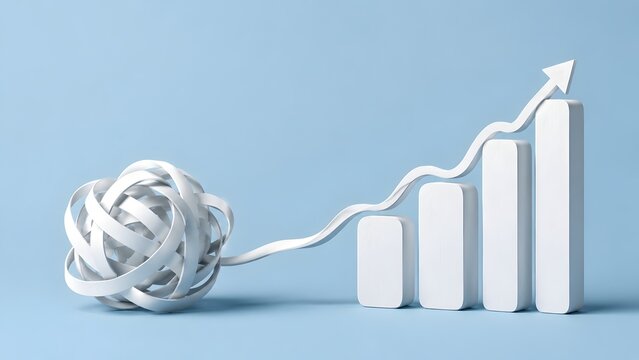 White tangled line turning into an upward growing arrow over bar chart columns on blue background for business success