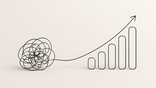Minimalist tangled wire transforming into an upward growing chart and arrow symbolizing business growth and problem solving