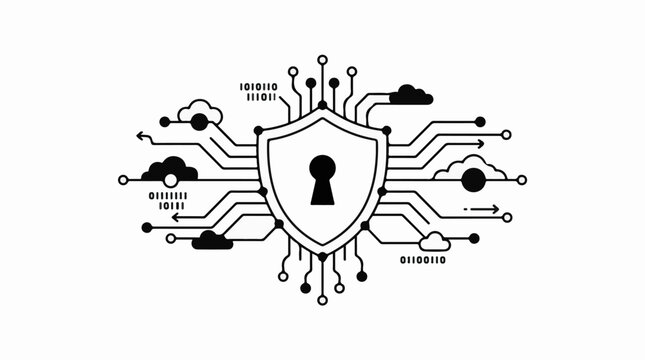 Digital shield with keyhole symbol connected to clouds and binary code