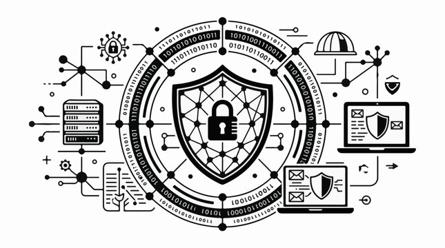 Digital security shield with binary code server and laptops