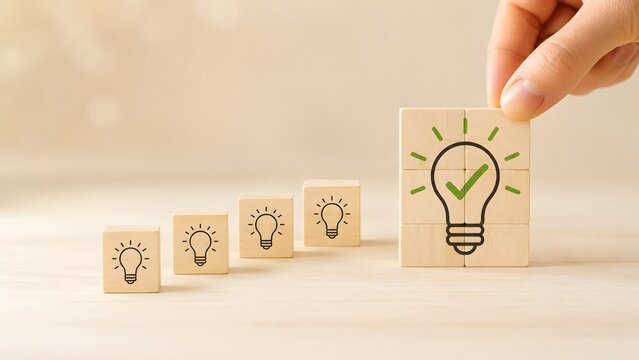 Successful idea concept with hand assembling wooden blocks showing lightbulb with green check mark