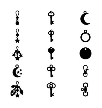 Vintage keychain charms and antique key icons set, 15 black silhouette jewelry pendants, celestial moon and star trinket vector illustrations