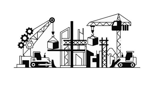 Industrial construction scene with cranes vehicles and building structures