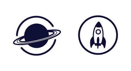 Collection of Space Exploration Icons with a Saturn Planet and a Launching Rocket Silhouette Art. © Bilkis Islam