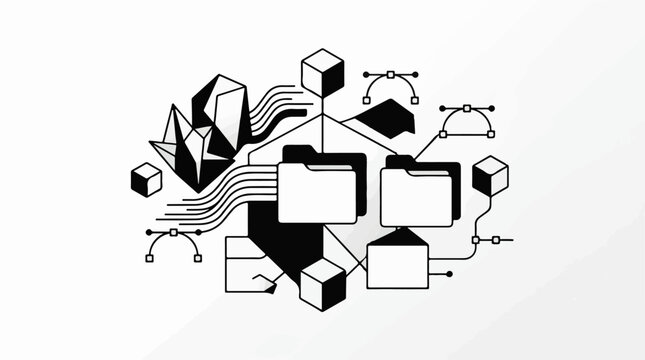Abstract geometric network with cubes and files