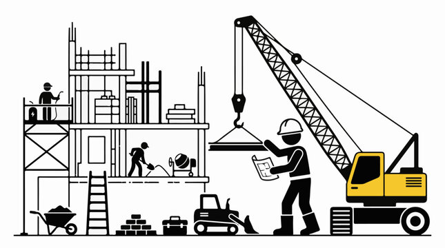 Construction scene with crane workers and building in progress